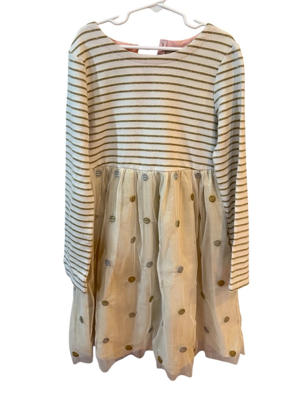 Mini Boden Long Sleeve Striped Ivory & Gold Polka Dot Cotton Tulle Dress 9/10